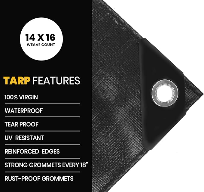 PROTARP Extra Heavy Duty 16 Mil Tarp Cover, Waterproof, UV Resistant, Rip and Tear Proof, Poly Tarpaulin with Reinforced Edges for Roof, Camping, Patio, Pool, Boat. (Black 10′ X 20′)