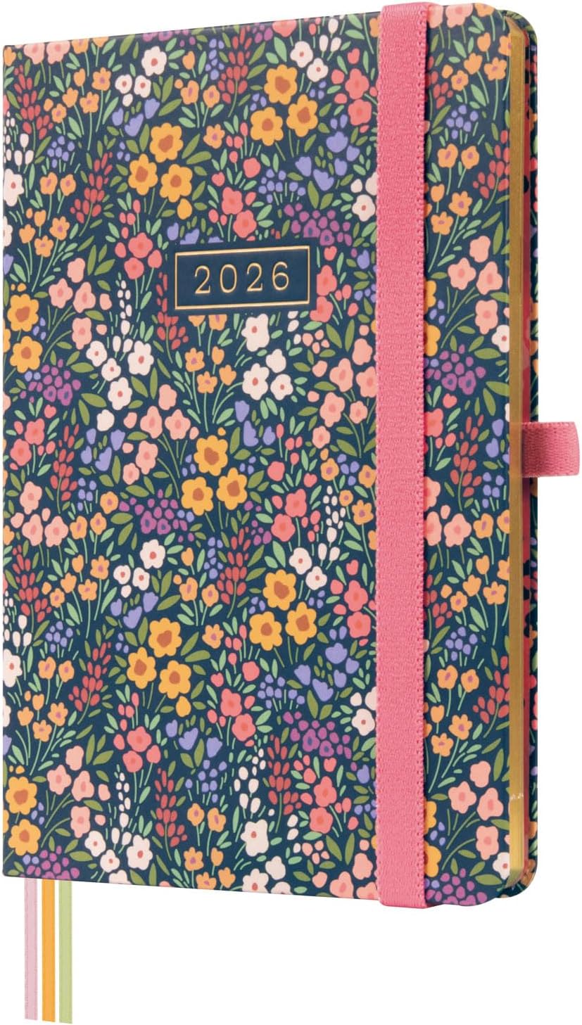 Finocam - Agenda 2026 Week to View Horizontal | January - December (12 months) | 2026 Annual Agenda with Elastic Band and 3 Dot Ribbons | Minimal Design Hardcover - Flora - English