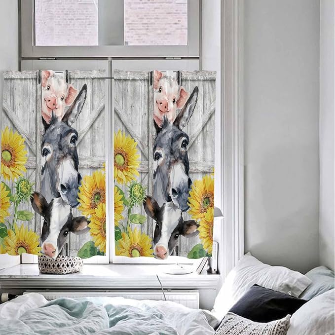 Farmhouse Kitchen Curtains 54 Inches length, Watercolor Sunflowers Animals