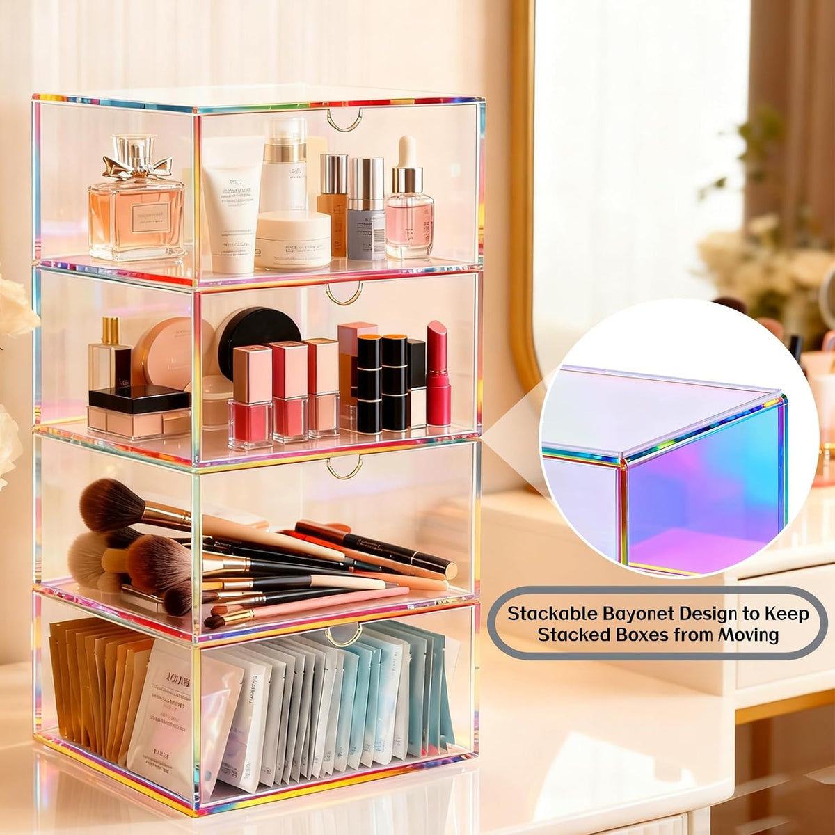 Acrylic Desk Organizer with Drawers Stackable Makeup Organizer for Vanity Office Countertop Cosmetic Display Cases Makeup Storage Box, Iridescent Rainbow