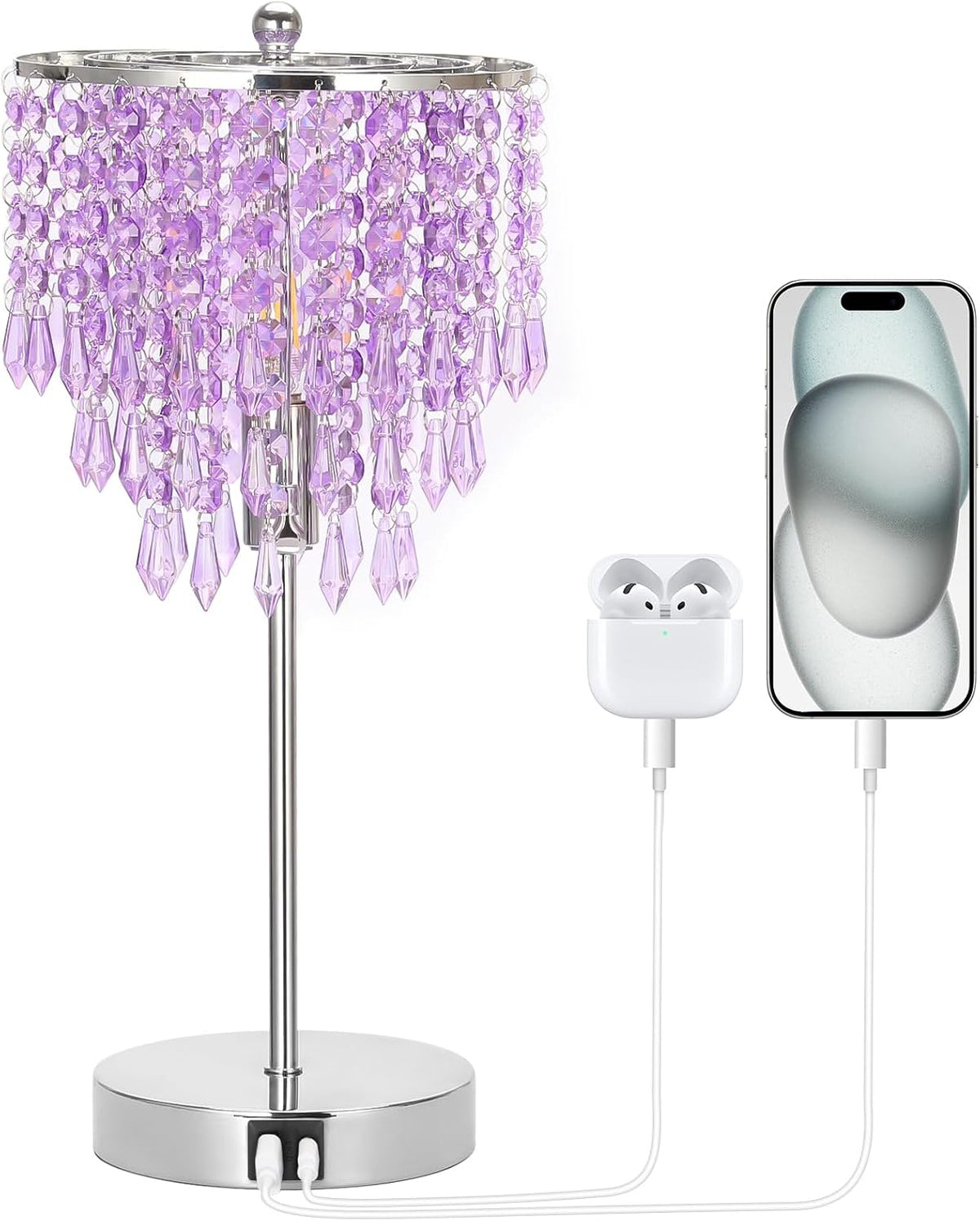 USB Bedside Crystal Lamp, 3 Way Dimmable Touch Nightstand Lamp with USB C+A Charging Ports, Lavender Table Lamps Decorative Accent Lamps Silver for Bedroom, Living Room, Office, B11 LED Bulb Included