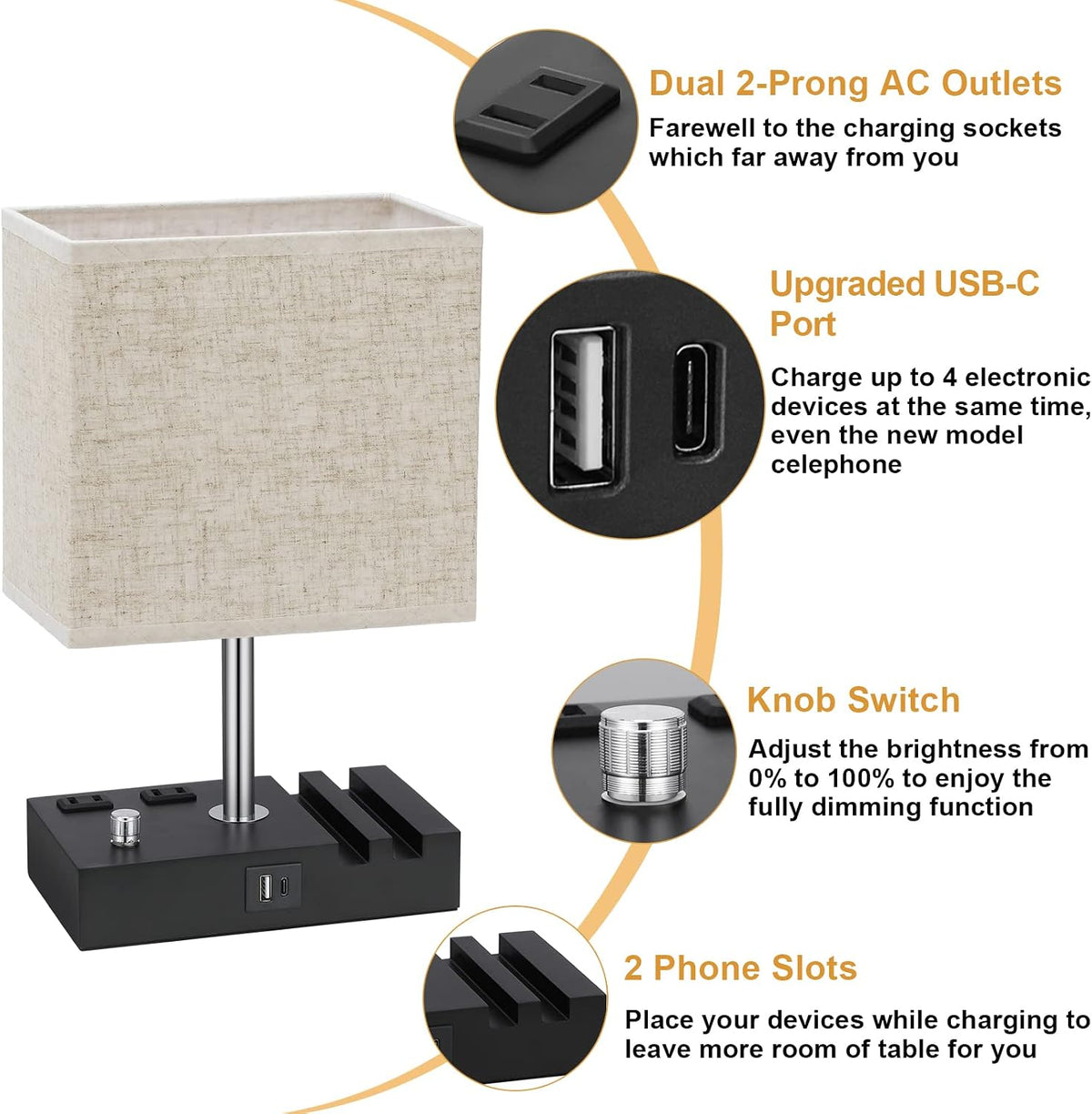 Beige Table Lamp for Bedroom - Stepless Dimmable, USB C+A, 2 AC Outlets