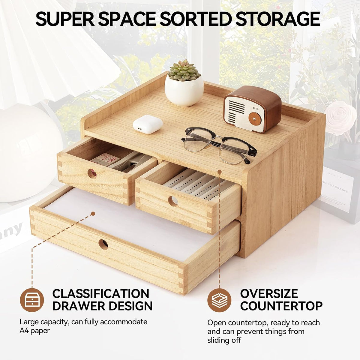 KIRIGEN Wooden Desk Organizer with 3 Drawers and Top Tray Natural DT2D3C-NA