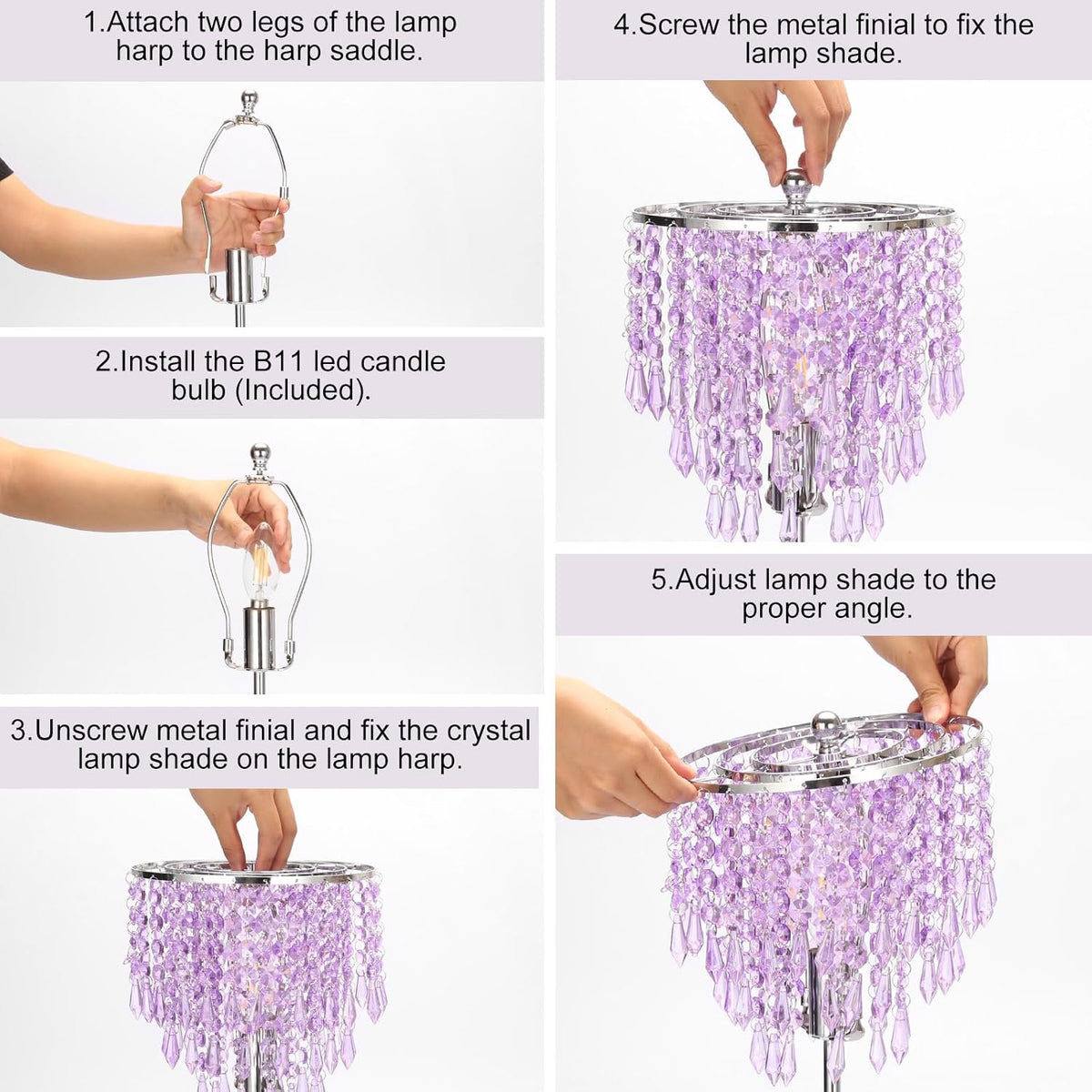 USB Bedside Crystal Lamp, 3 Way Dimmable Touch Nightstand Lamp with USB C+A Charging Ports, Lavender Table Lamps Decorative Accent Lamps Silver for Bedroom, Living Room, Office, B11 LED Bulb Included