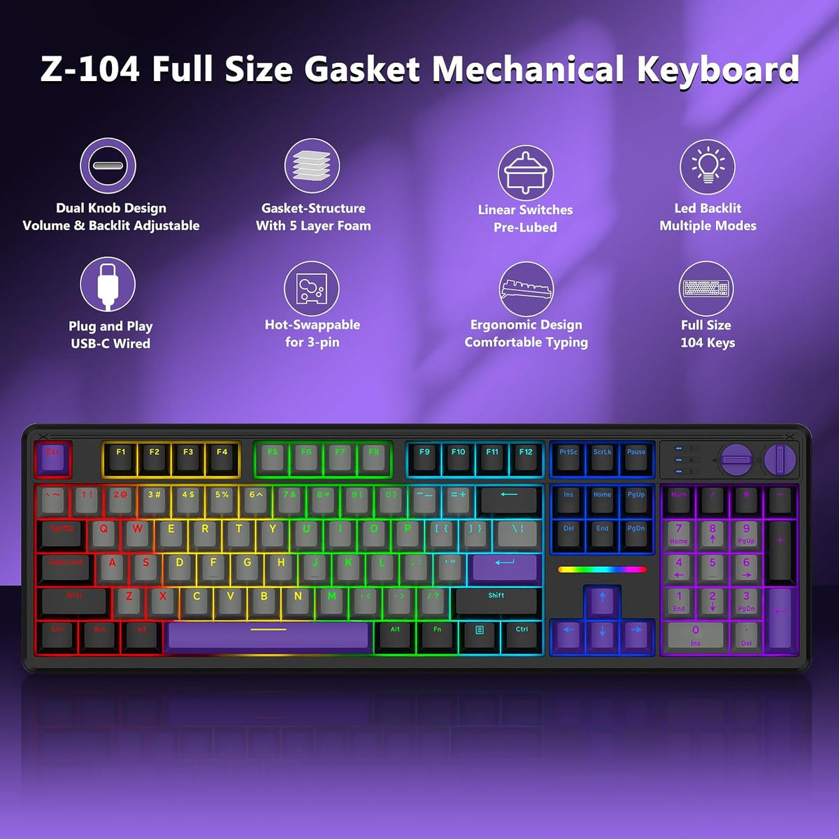 E-YOOSO Wired Creamy Mechanical Keyboard, Led Backlit for PC/Mac, Black
