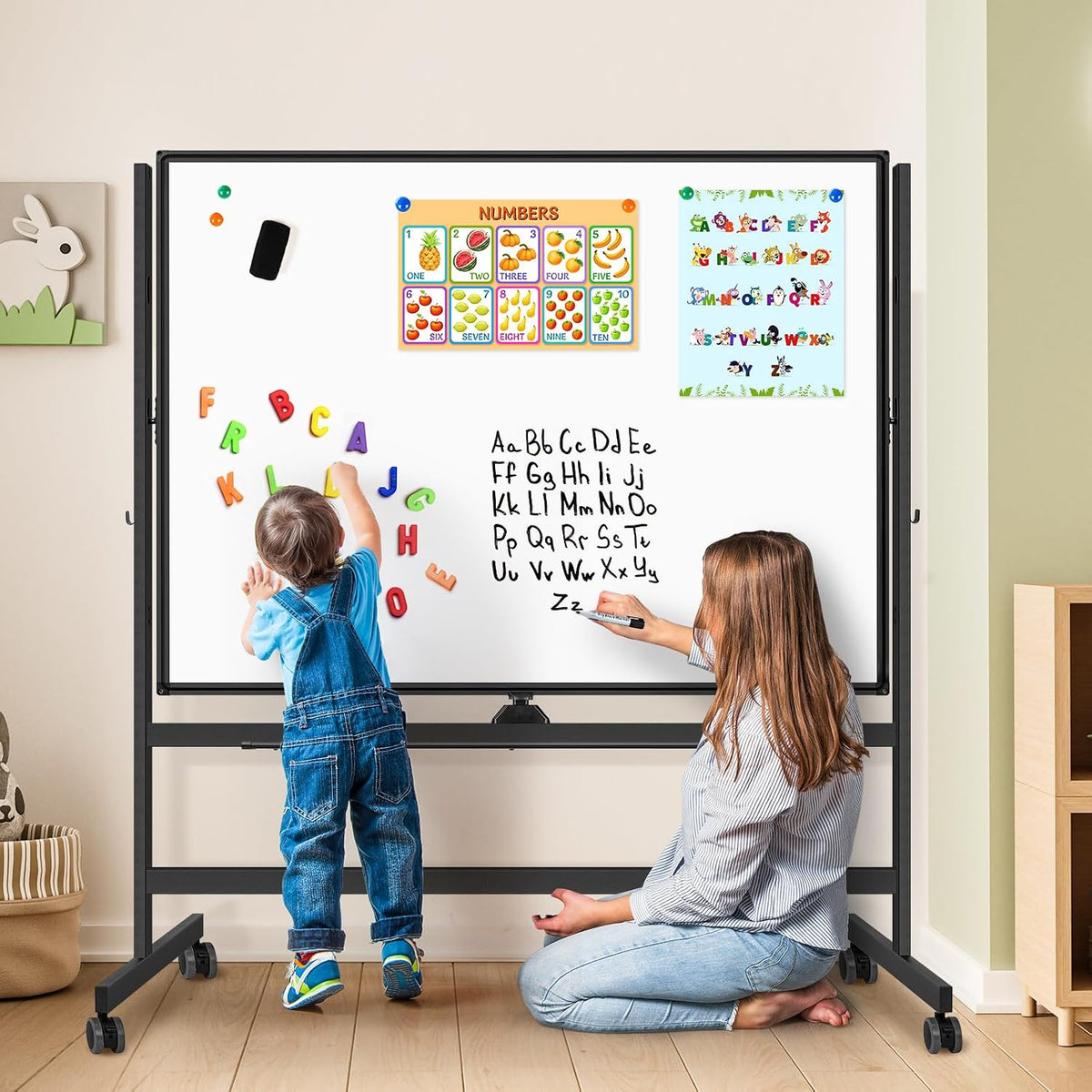 Maxtek Rolling White Board on Wheels 48x36 in, Double-Sided Magnetic Black