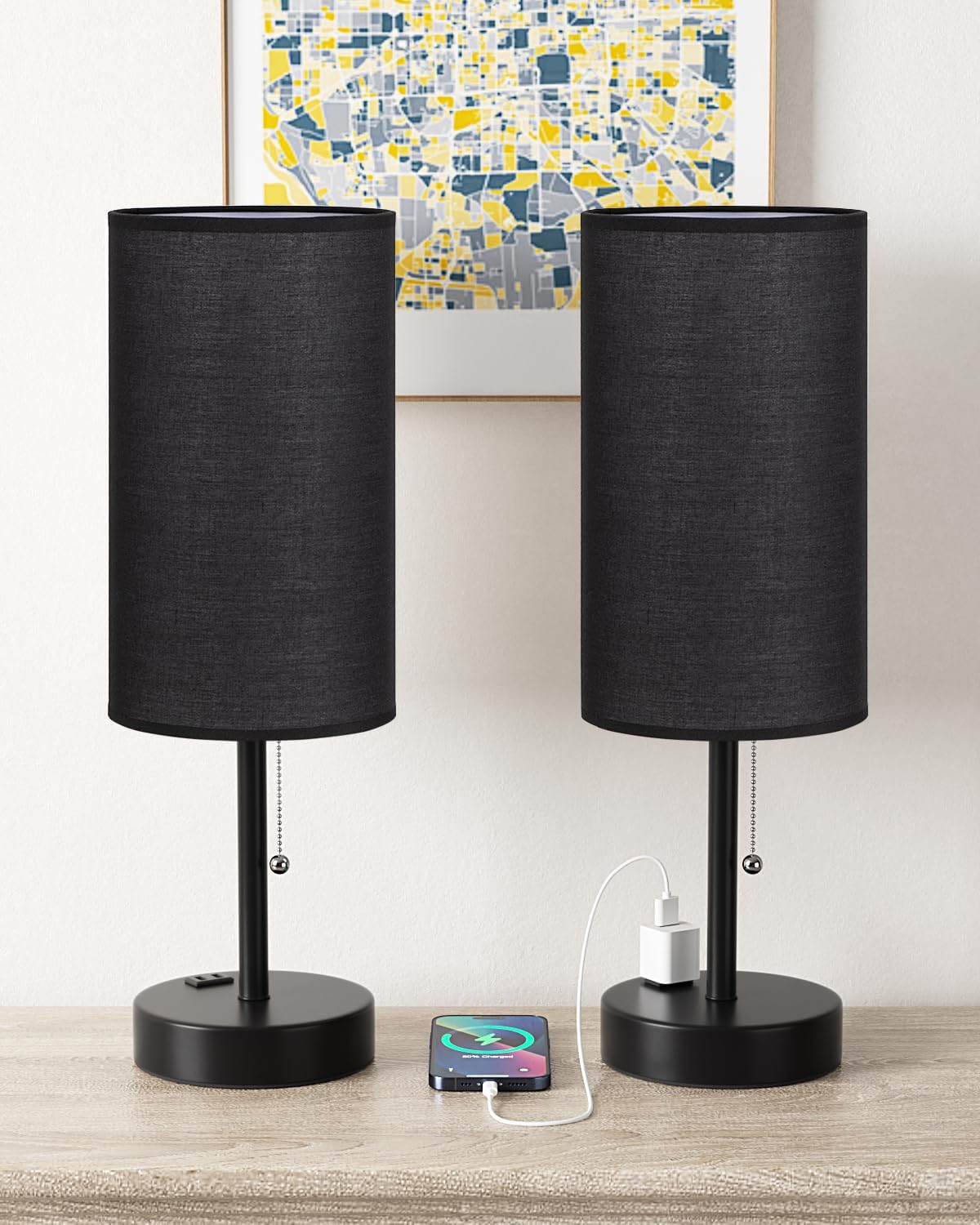 17.4" Black Bedside Table Lamps Set of 2 - Bedroom Lamp, USB C+A, AC Outlet