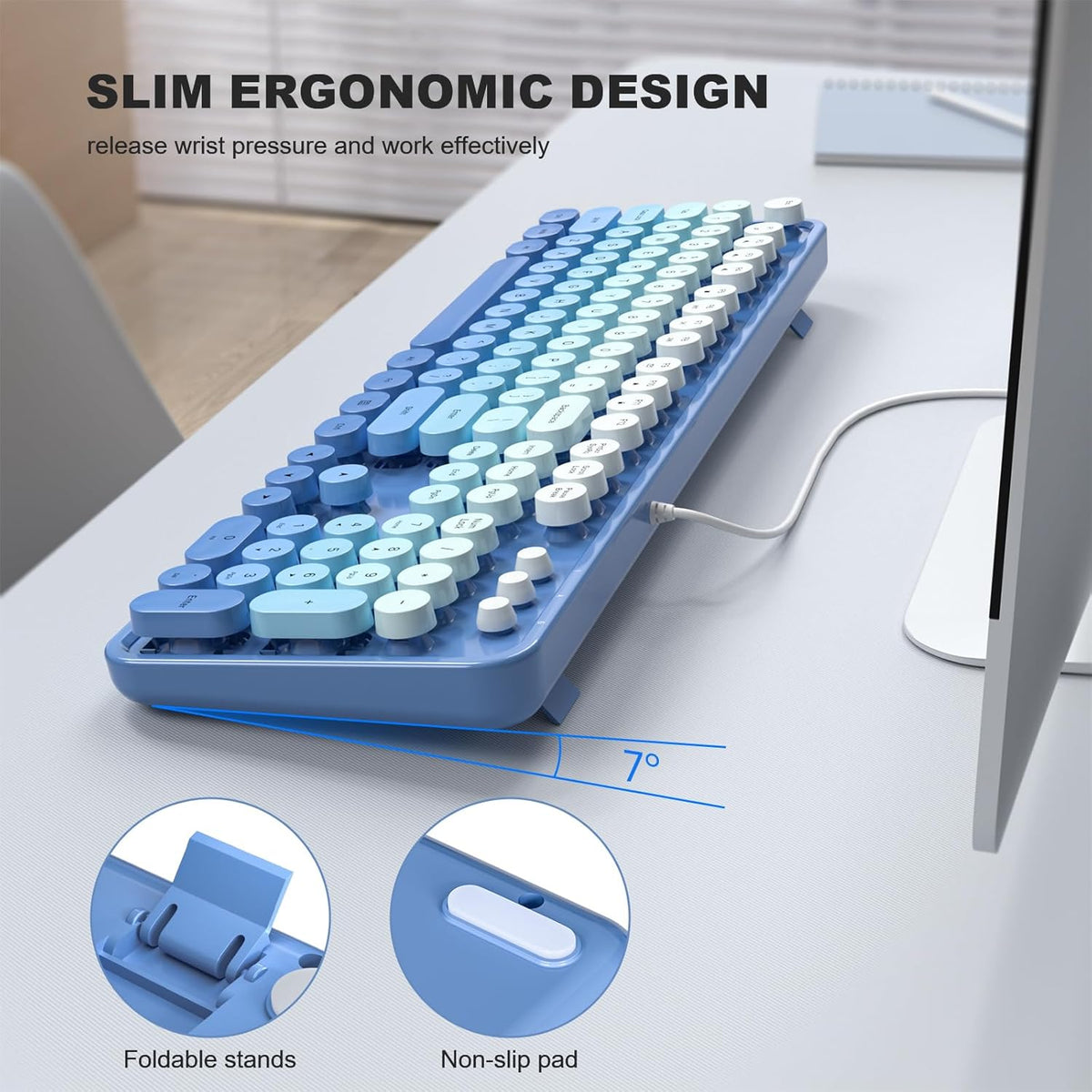 Wired Retro Keyboard, 104 Keys Full-Sized Typewriter Keyboards, Office Keyboard with Number Pad, Foldable Stands for Windows, PC, Laptop, Desktop (Blue Gradient)