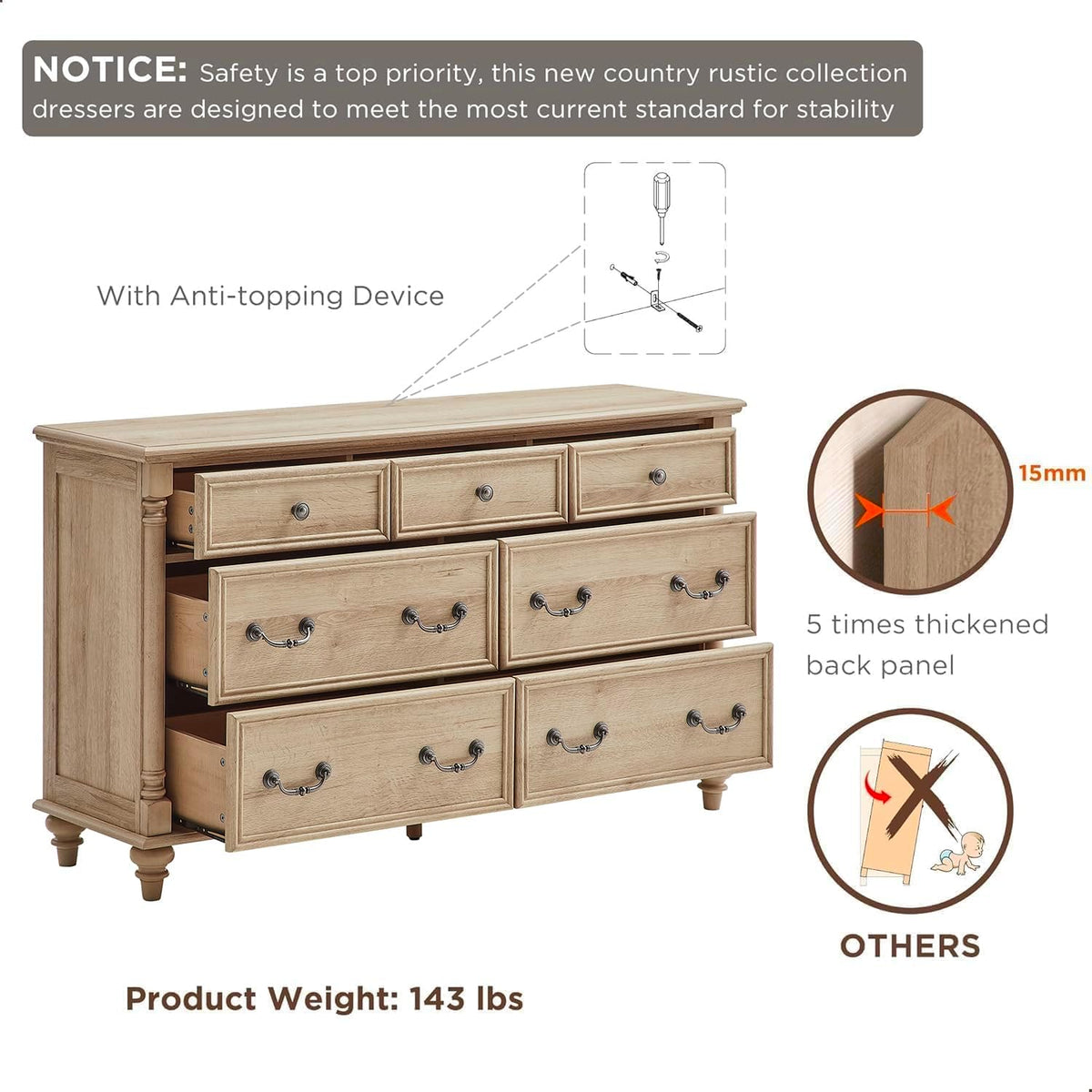 T4TREAM Farmhouse 7-Drawer Dresser with Solid Wood Feet, Natural Oak