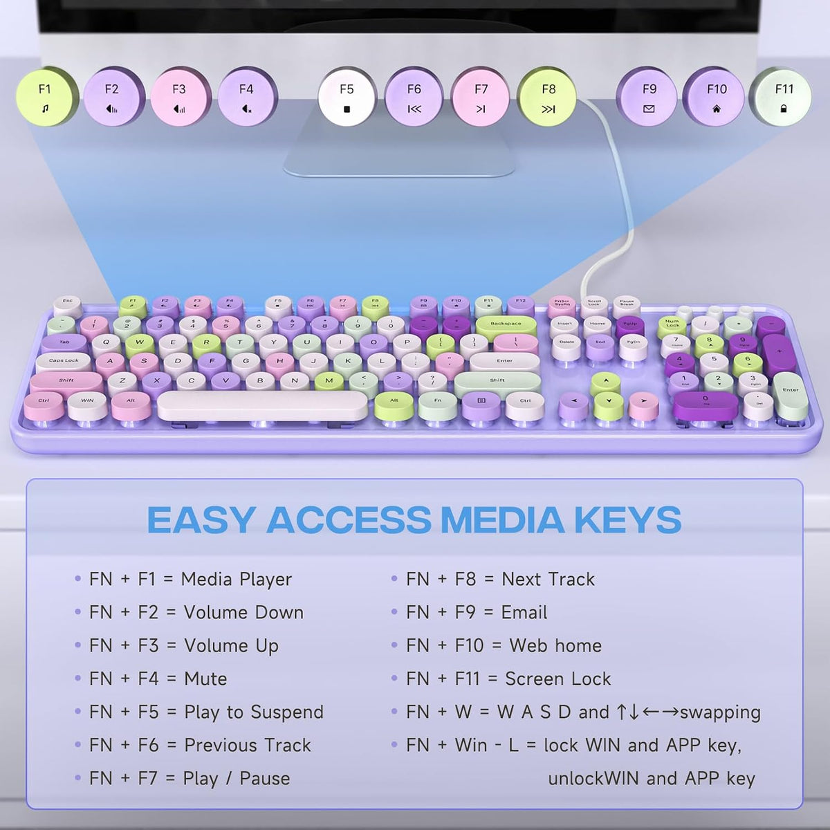 Dilter Wired Keyboard, 104 Keys Full-Sized Typewriter Keyboards, USB Office Keyboard with Number Pad, Caps Indicators, Foldable Stands for Windows, PC, Laptop, Desktop (Purple Colorful)