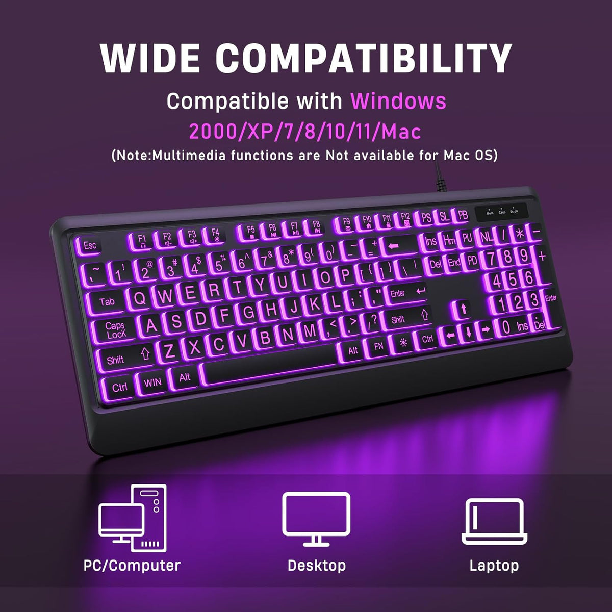 Luzarriba Large Print Backlit Computer Keyboards, 7 Colors Backlight USB Keyboard, Plug-and-Play, Foldable Stands, Corded Full Size Keyboard for Windows, PC, Laptop (Black, Large)