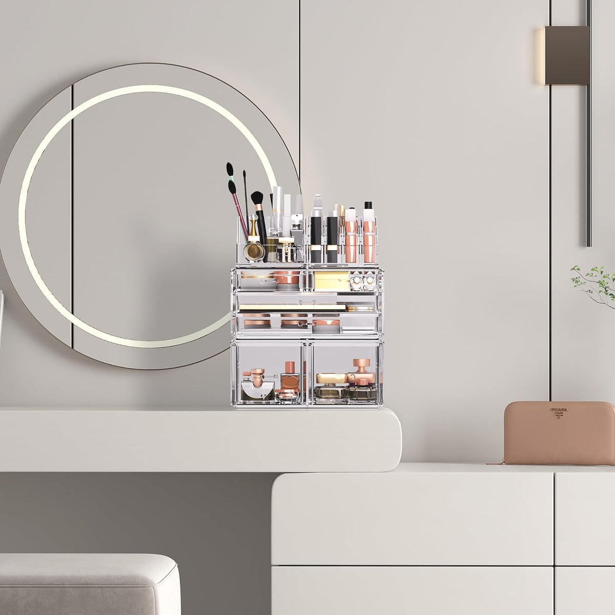 READAEER Makeup Organizer 3 Pieces Cosmetic Storage Case with 6 Drawers (Clear)