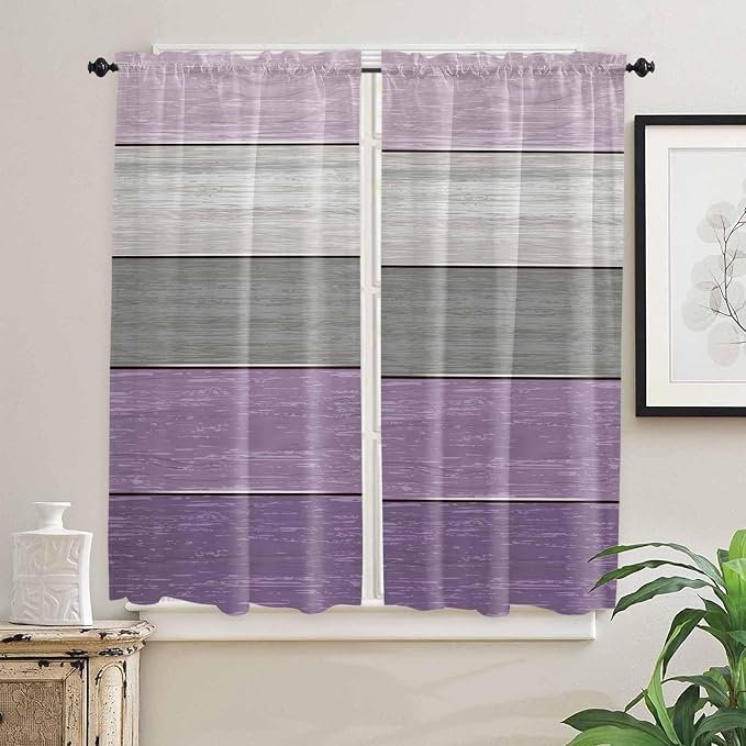 Country Wood Board Gray Purple Window Valance Curtains, Farmhouse Gradient