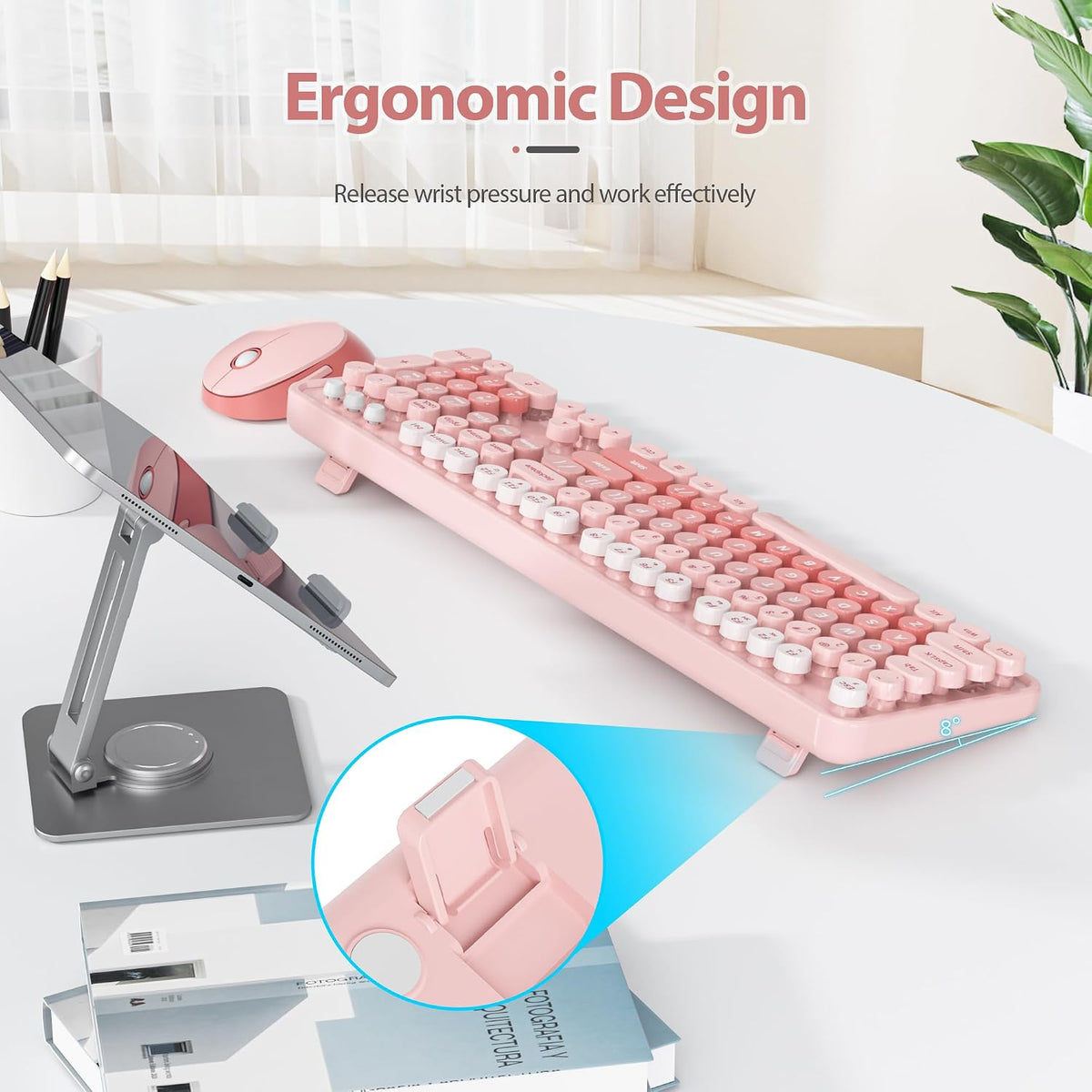 Fogruaden Pink Retro Typewriter Keyboard and Mouse Wireless, 2.4GHz Office Full-Sized Colorful Computer Keyboard with Number Pad and Cute Mouse for Windows PC Desktops Laptop
