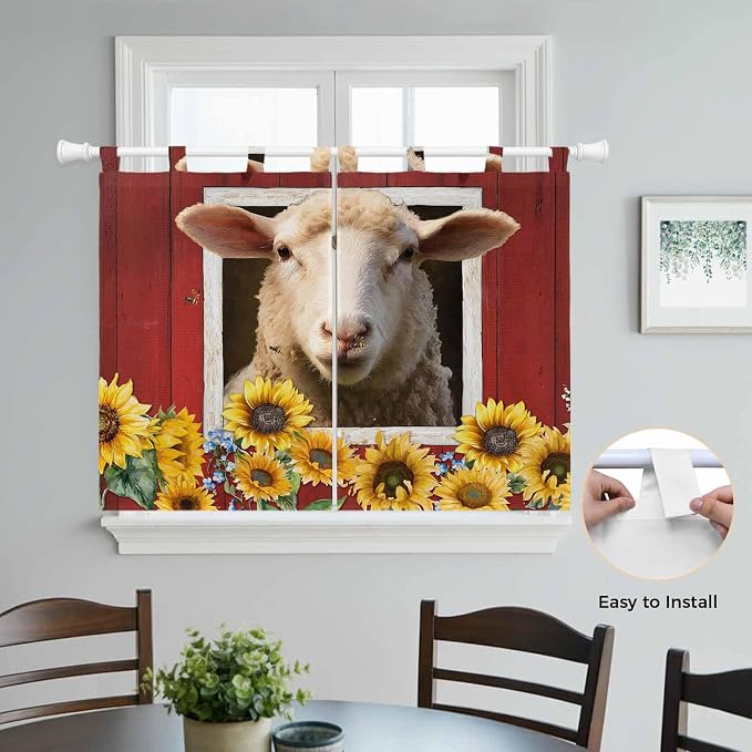 Sheep Sunflower Bedroom Curtains 63 Inch Length, Window Curtains Tab Top