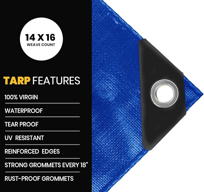 PROTARP Extra Heavy Duty 16 Mil Tarp Cover, Waterproof, UV Resistant, Rip and Tear Proof, Poly Tarpaulin with Reinforced Edges for Roof, Camping, Patio, Pool, Boat. (Blue 20′ X 40′)