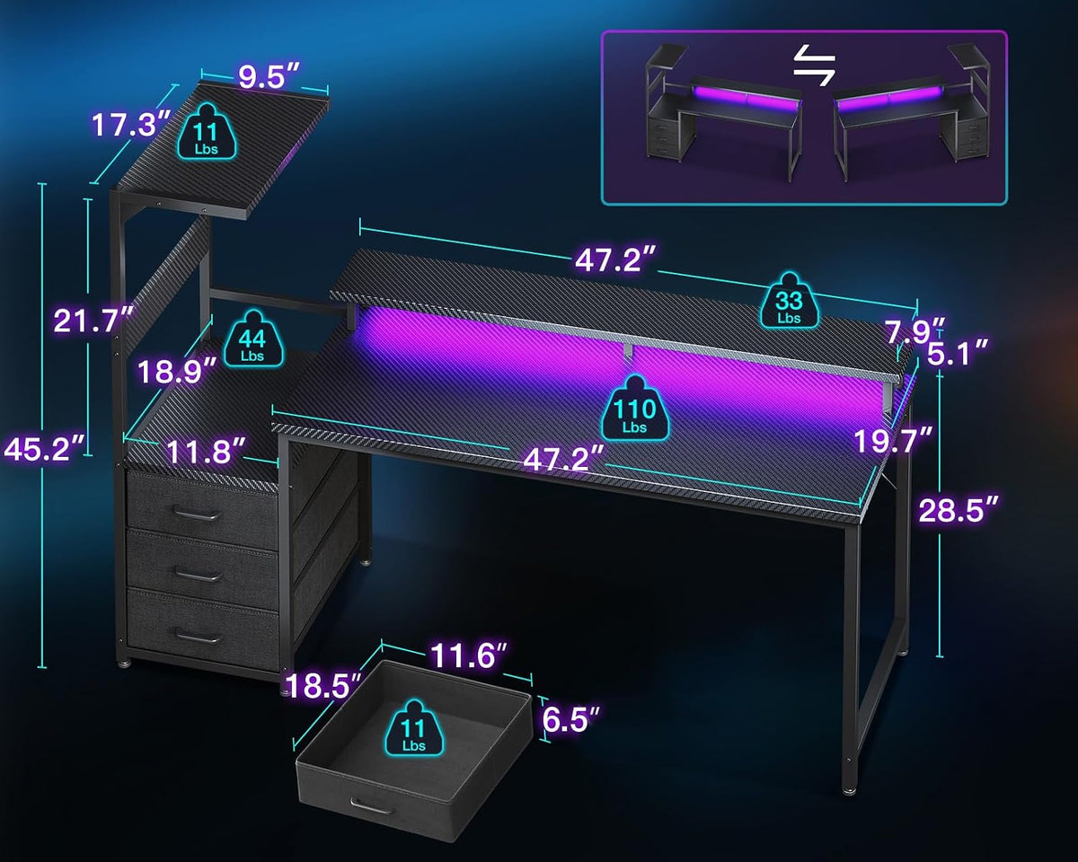 AODK Gaming Desk w/PC Showcase Stand, 59" Reversible, RGB LED