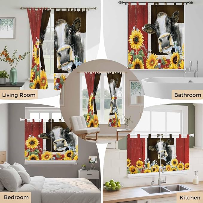 Cows Sunflowers Kitchen Curtains 45 Inch Length, Short Cafe Window Curtains Tab