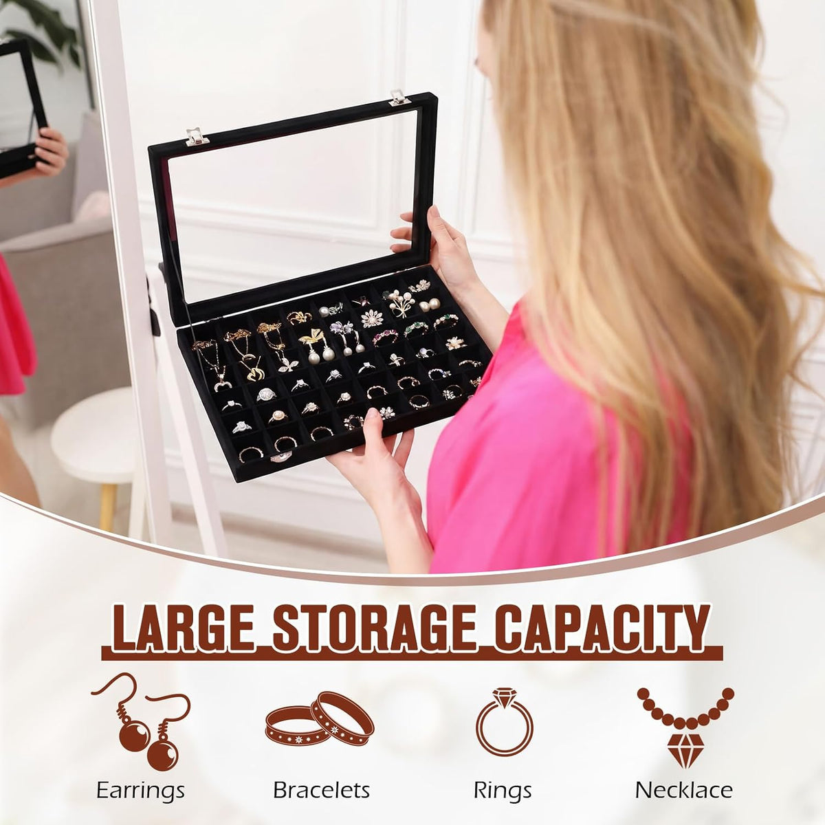 Nosiny 2 Pcs 48 Grid Jewelry Tray with Transparent Lid, Rock Collection Box