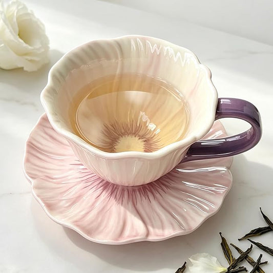 10 oz Tea Cups and Saucers, Flower-Shaped Ceramic Latte Art Cappuccino Cup and