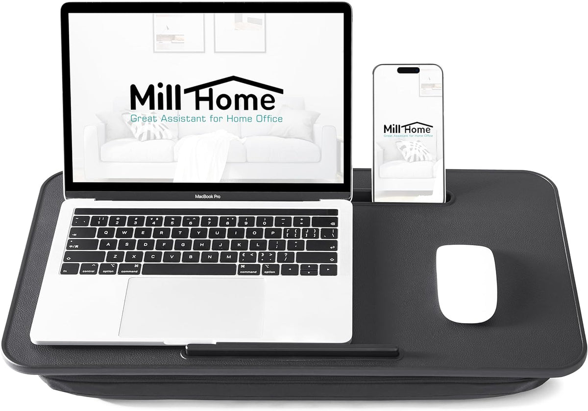 Lap Desk with Cushion, Fits up to 17 inch Laptop, Pillow Designed, Portable Laptop Stand with Tray, Pad & Phone Holder, Home Office for Bed/Couch/Car/Reading/Writing,MillHome (Black)
