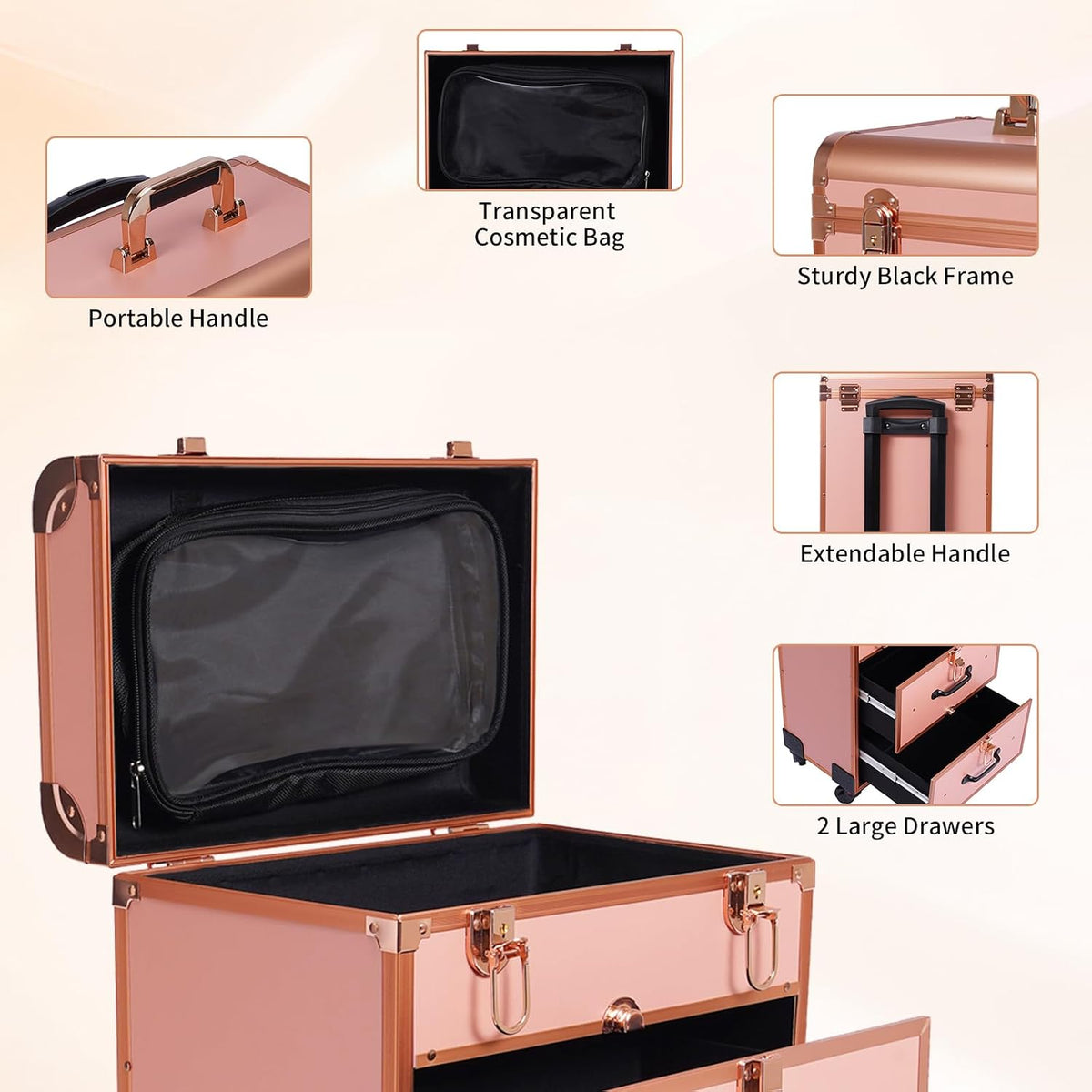 3 in 1 Cosmetic Train Cases Rolling on Wheels Makeup Train Case 𝐰𝐢𝐭𝐡 𝐃𝐫𝐚𝐰𝐞𝐫𝐬 𝐚𝐧𝐝 𝐂𝐥𝐞𝐚𝐫 𝐌𝐚𝐤𝐞𝐮𝐩 𝐁𝐚𝐠,3-Layer Large Nail Cart & Organizer for Makeup Artists,Nail Technicians