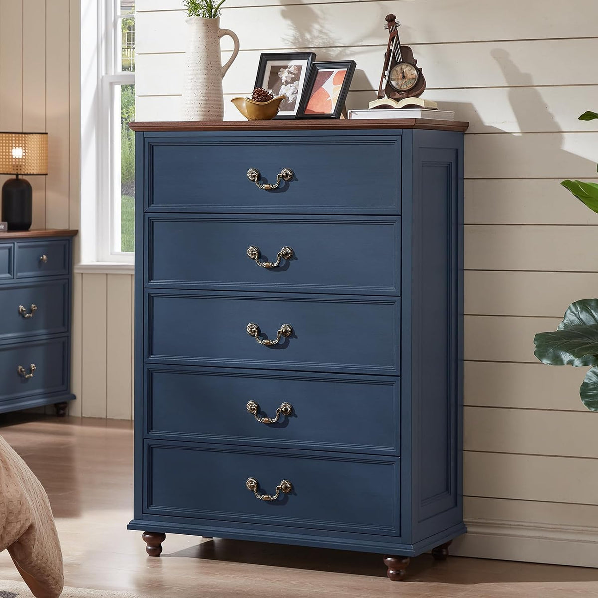 Joaxswe Farmhouse 5 Drawer Dresser for Bedroom, 45" Tall Rustic Chests of Drawers w/ 4 Solid Wood Feet, Mid Century Modern Wooden Closet Storage Dressers Organizer for Living Room, Hallway, Navy Blue