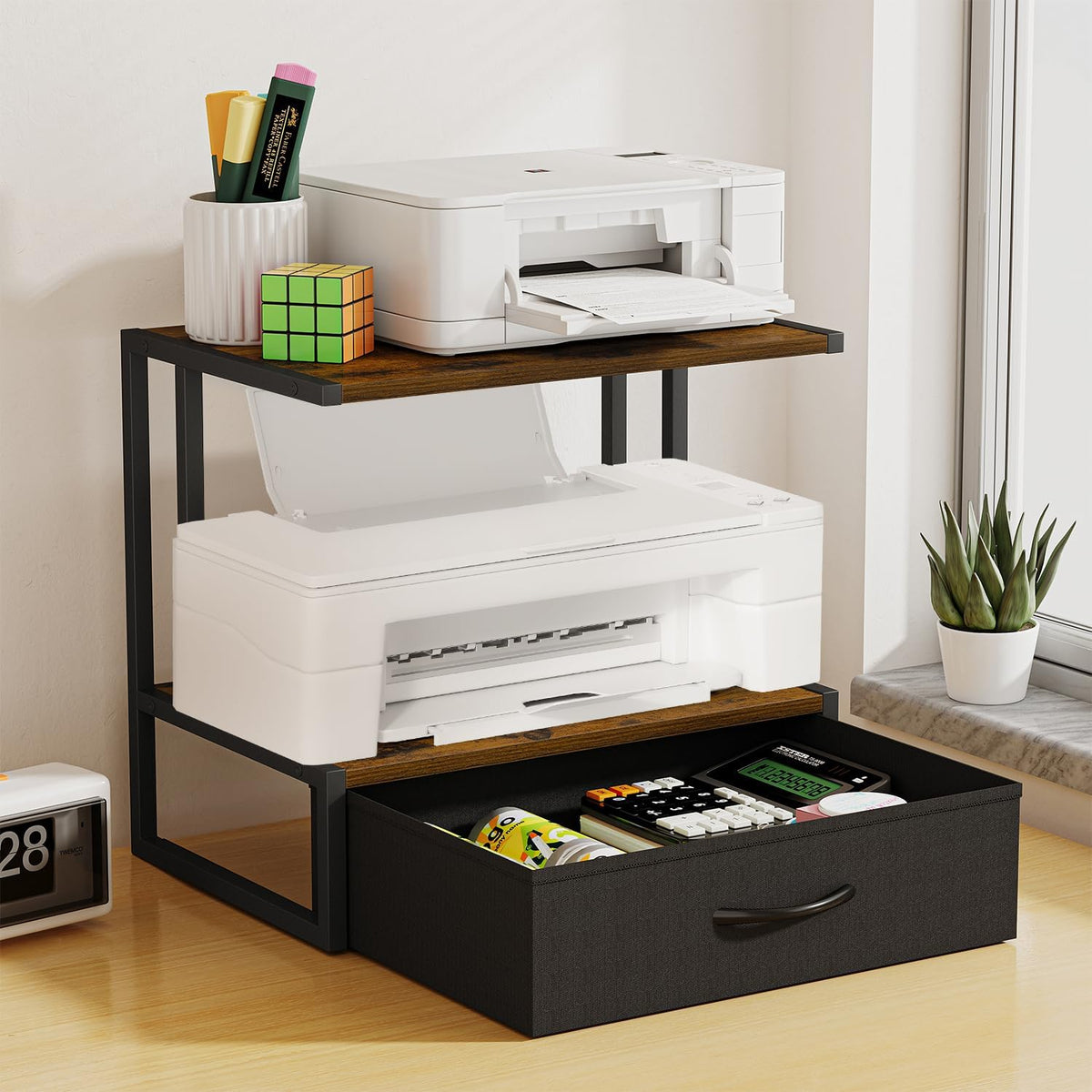 Printer Stand with Storage for Desk, with Fabric Drawer Desktop Printer Stand Shelf Organzier for Home Office, for Above and Under Desk Printer Table, Fax Machine Copier Scanner, Brown