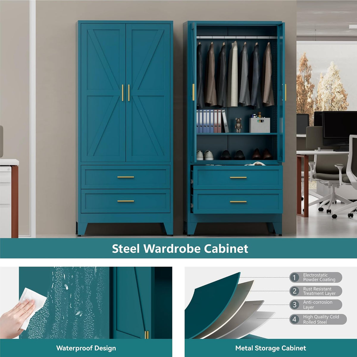 Metal Wardrobe Closet with Doors, 71" Tall Armoire Wardrobe with 2 Drawers and Hanging Rod, Farmhouse Steel Wardrobe Storage Cabinet for Bedroom, Laundry Room, Cloak Room -Blue