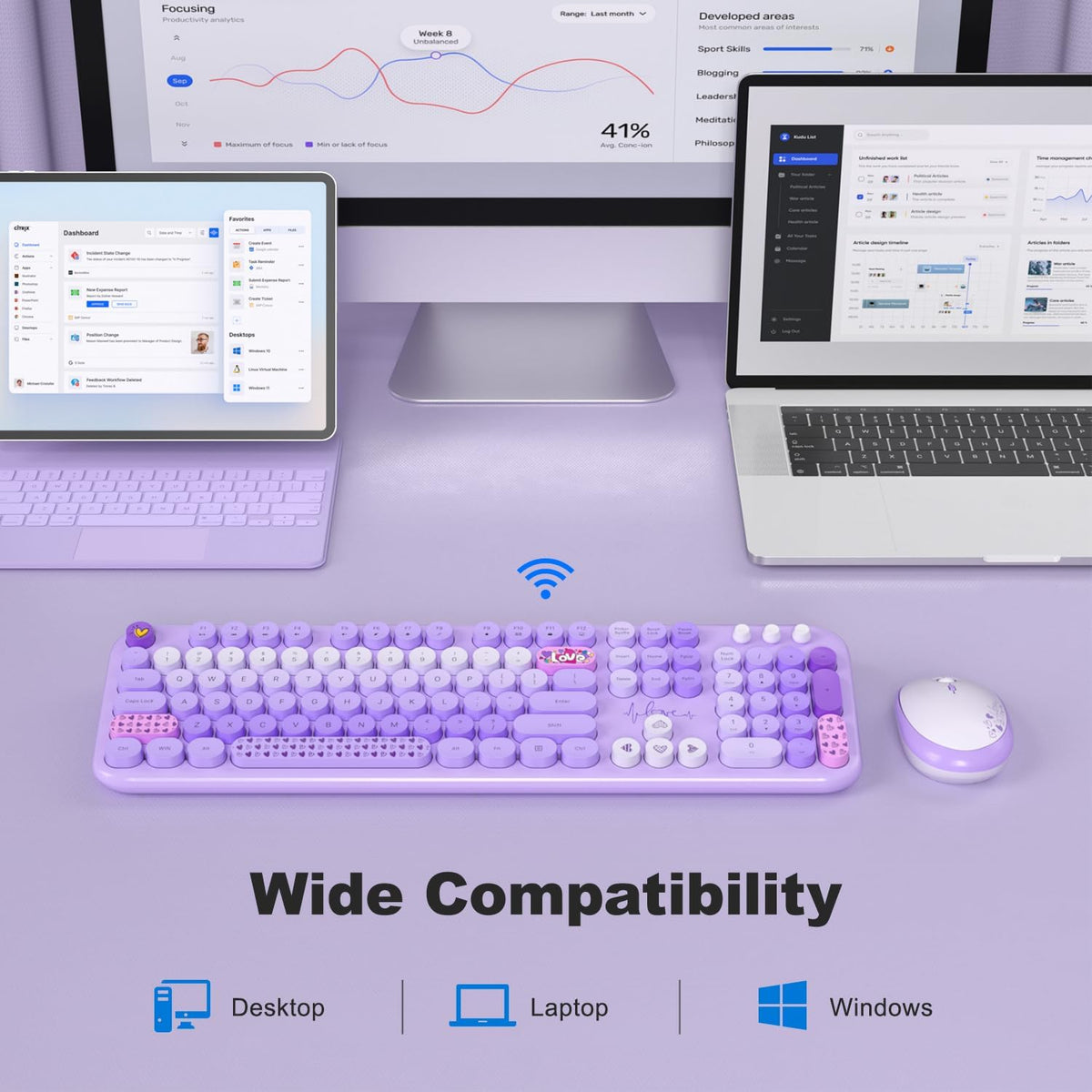 MOFII Wireless Keyboard and Mouse Combo - Pale Purple Full Sized Plug and Play Colorful Computer Keyboards - 104 Keys Round Keycap USB 2.4G Cute Keyboard for Windows/Laptop/Mac/Desktop/PC