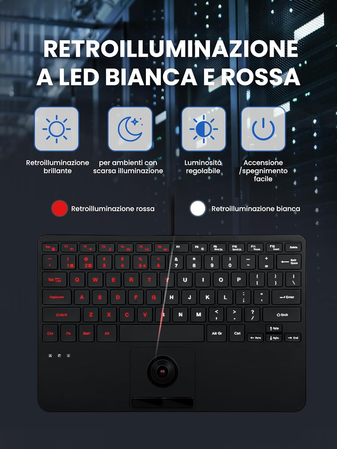 Perixx PERIBOARD-427 US, Wired USB Keyboard with Backlight and Trackball - White and Red Backlight - Compact Size 11.18 × 7.17 × 1.1 Inches - 2 Built-in USB Hubs