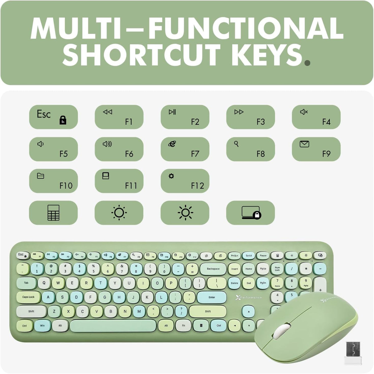 X9 Green Wireless Keyboard and Mouse Combo – 2.4G Retro Typewriter-Style Wireless Keyboard and Mouse Set, Colorful Bubble Keyboard for Aesthetic Workspaces