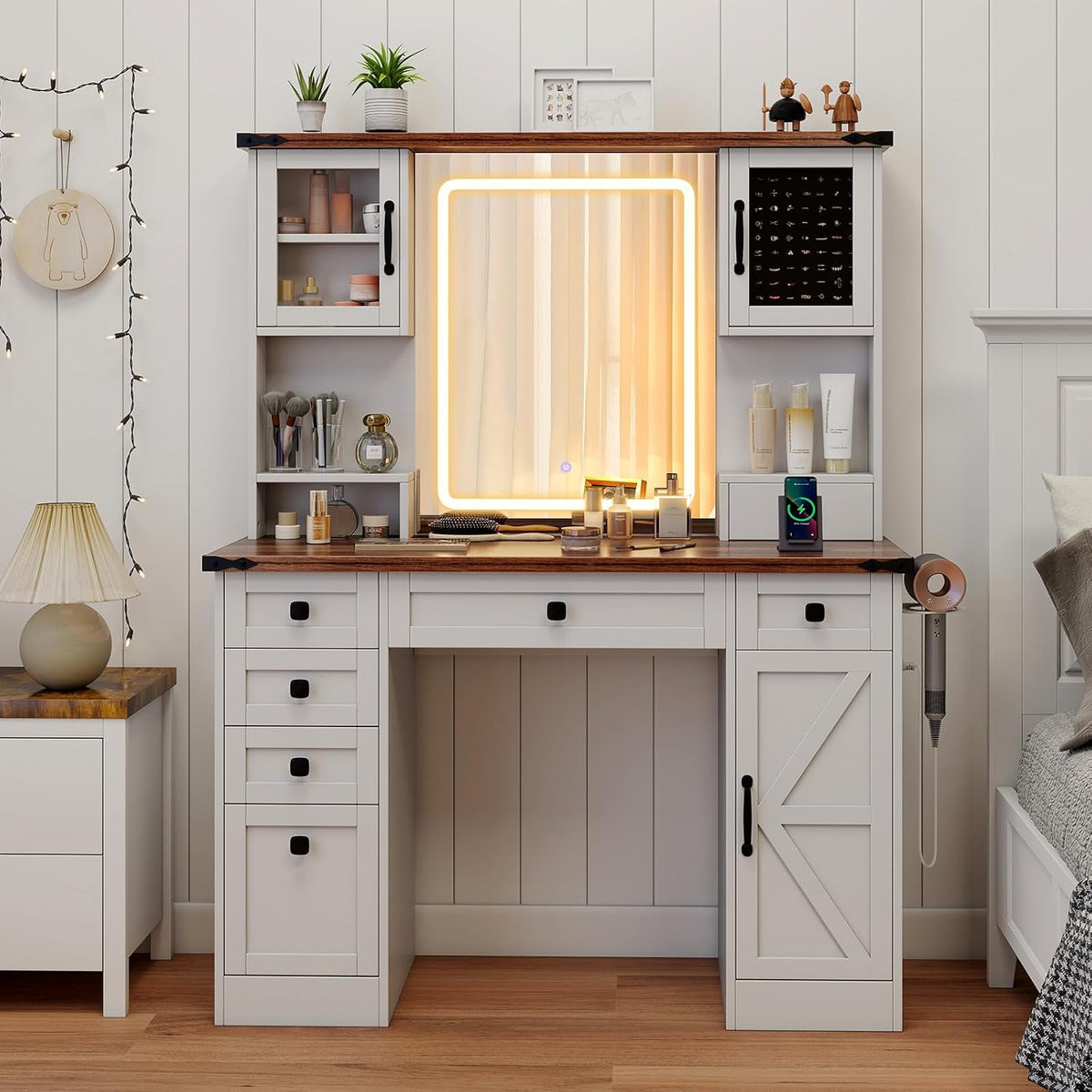 CHARMAID Farmhouse Vanity Desk with Lighted Mirror & 7 Drawers, 45 inch Makeup Vanity Table with Charging Station, Jewelry Organizer, Storage Cabinets & Shelves, White Dressing Table for Bedroom