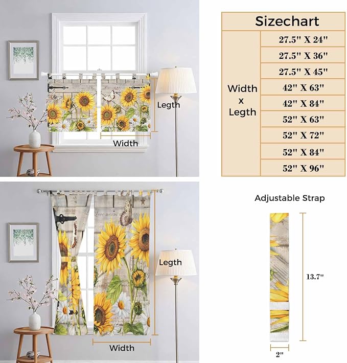 Farm Flowers Kitchen Curtains 36 Inch Length, Small Window Curtains Tab Top