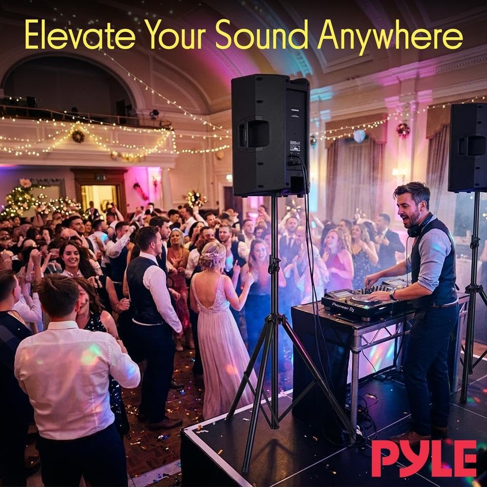 Pyle Universal Speaker Stand 2-Pack – Heavy Duty Tripod Mount Holder Set, Height Adjustable from 40” to 71”, 35mm Insert Compatibility, Safety Pin and Knob Locking for PA, DJ & Studio Use