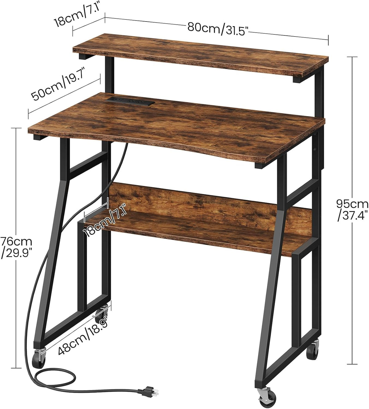 CHOEZON Rolling Computer Desk with Charging Station, 31.5 Inch Mobile Desk with Adjustable Monitor Stand & Storage Shelf, Laptop Table for Home Office, Small Space, Rustic Brown and Black TDN03UBF