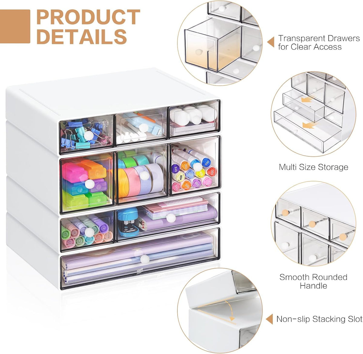 Desk Storage Organizer with 9 Drawers, 4 Tiers Stackable Desktop Craft Storage Drawers, Clear Storage Box Caddy for Stationary Makeup Jewelry Office Craft Supplies (White)