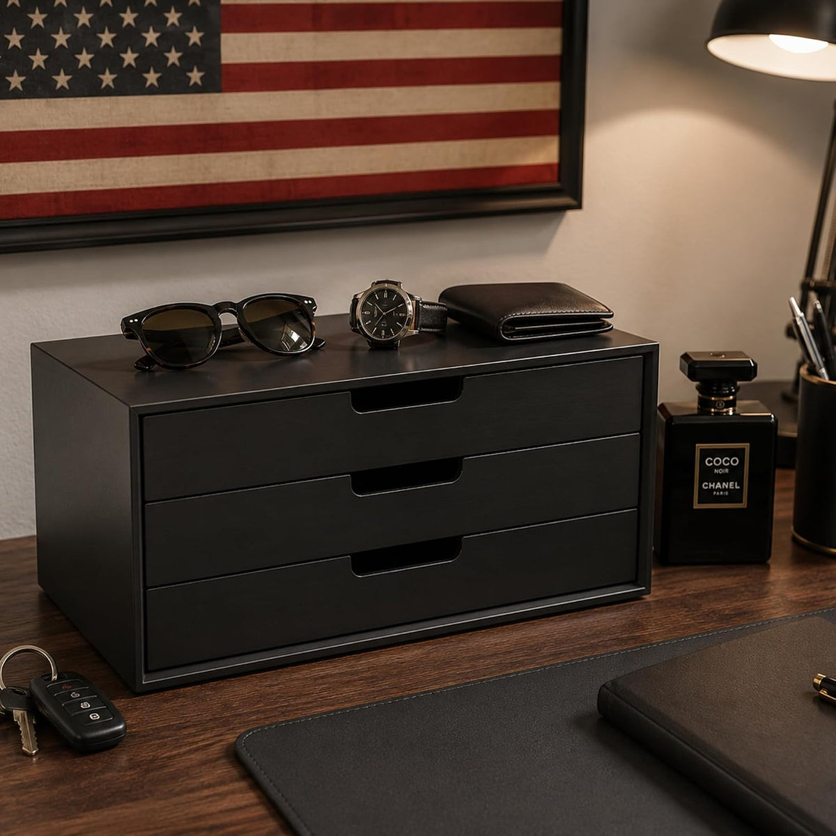 LitaEther Desk Organizer with 3 Drawers, ALEX Drawer Unit, Chic Black Wood Cosmetic Makeup Organizer for Office Vanity Tabletop Storage 13.8"X 6"X10.2"