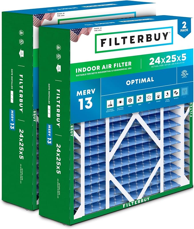Filterbuy 24x25x5 Air Filter MERV 13 Optimal Smoke & Allergy Defense,