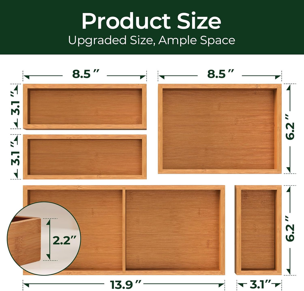 keechee 5-Piece Bamboo Drawer Organizer Set, 2.2" Deep Multi-Use Organizers for Utensils, Silverware, Cutlery, Desk, Bathroom, Junk Drawer & Makeup, Non-Slip Feet Included.