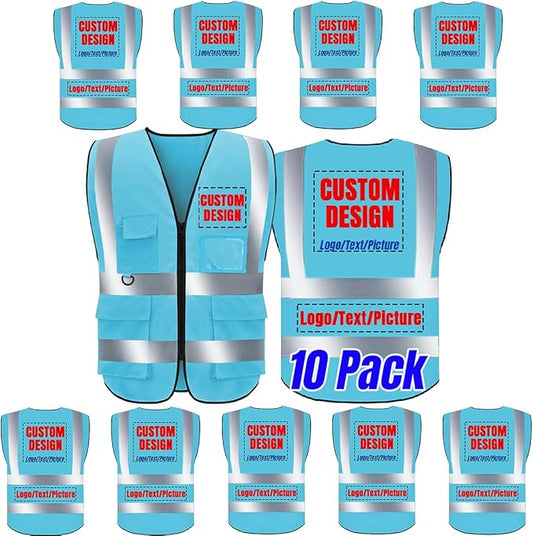 BeautyWill 10 Pack Safety Vest Custom Logo Class2 High Visibility Reflective Vest with 5 Pockets Construction Security Work Vest ANSI/ISEA Standards（Blue，3XL ）