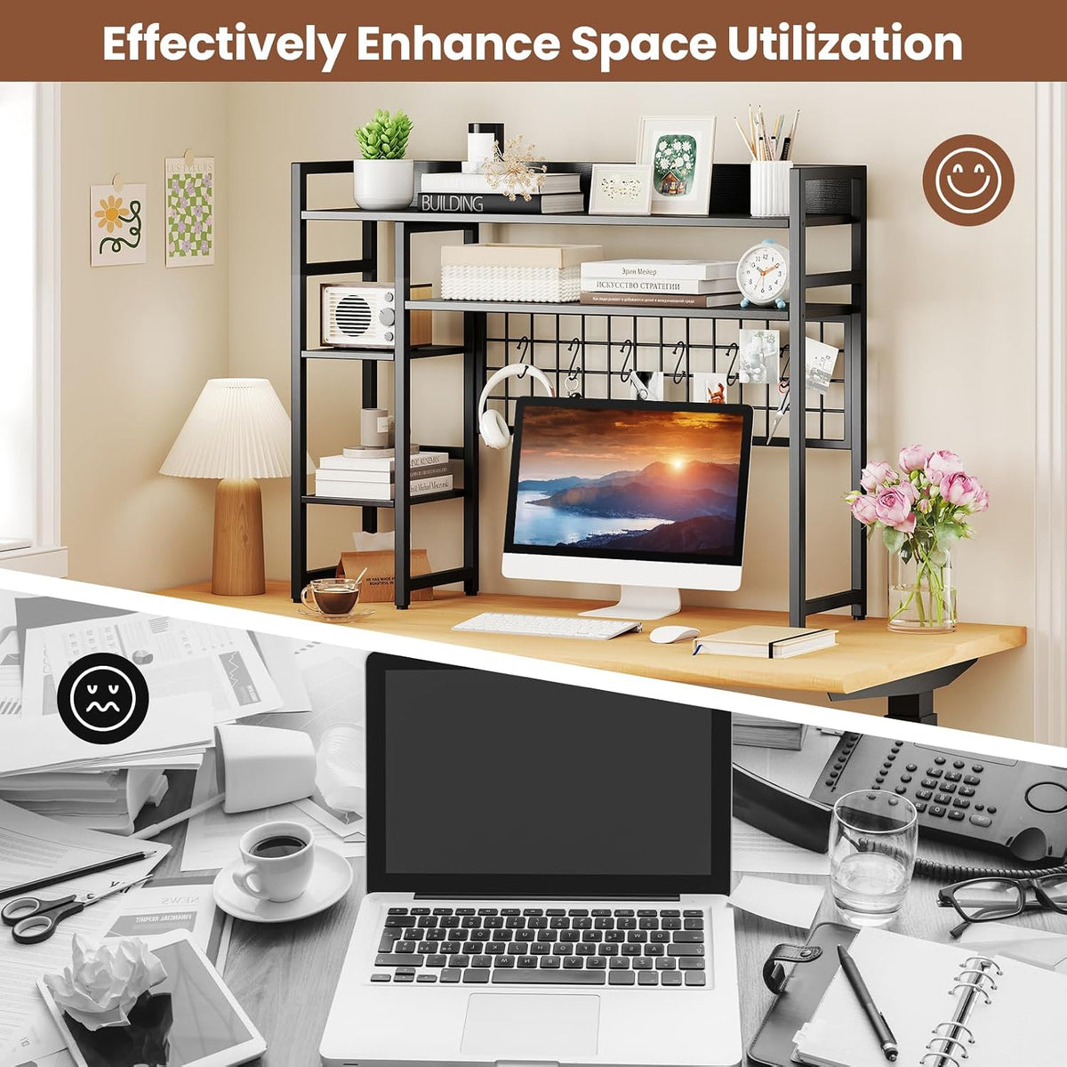 Tangkula Desktop Bookshelf for Computer Monitor Up to 32”, Countertop Storage Hutch with 4 Open Shelves, Grid Panel, 6 Hooks, Anti-tip Device, 4-Tier Desktop Shelves for Home Office Dorm, Black