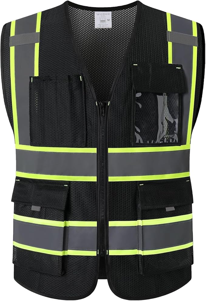 9 Pockes Black Reflecive Safety Vest for Men with Double Stitching Knots around All Pockets and Zipper High Visibility Mesh Construction Work Vest,Meets ANSI/ISEA Standards(EK176-Black-2XL)