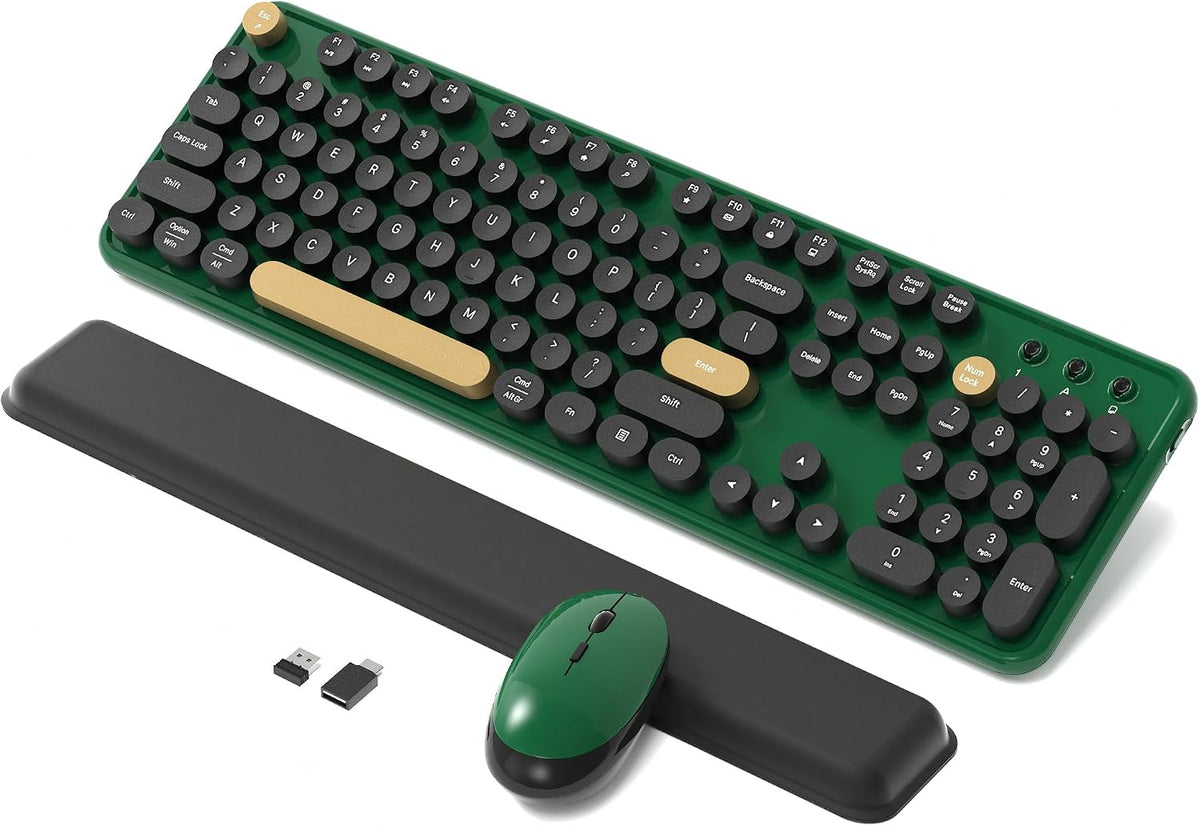 Retro Wireless Keyboard and Mouse Combo with Wrist Rest (Dark Green)
