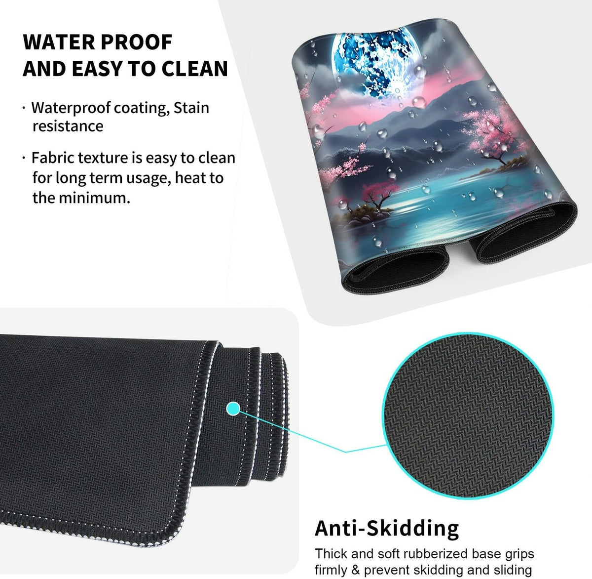 Large Gaming Mouse Pad+Memory Foam Ergonomic Keyboard Wrist Rest Support+Wrist Rest+Coaster, Extended Desk Pad Set, Stitched Edge Non Slip Desk Mat 4PC for Office & Home, Moon Cherry Blossom