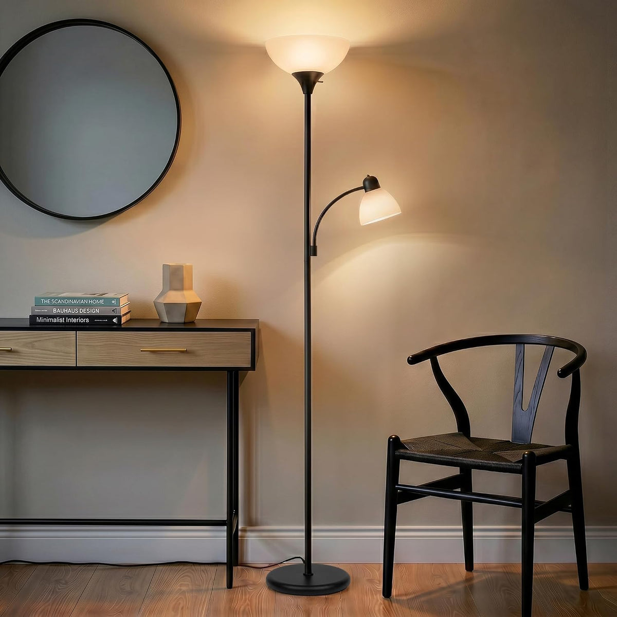 Brightech Sky Dome Plus LED Floor lamp, Torchiere Super Bright Floor Lamp with Reading Lamp for Living Rooms & Offices - Dimmable Tall Standing Lamp for Bedroom Reading - Black