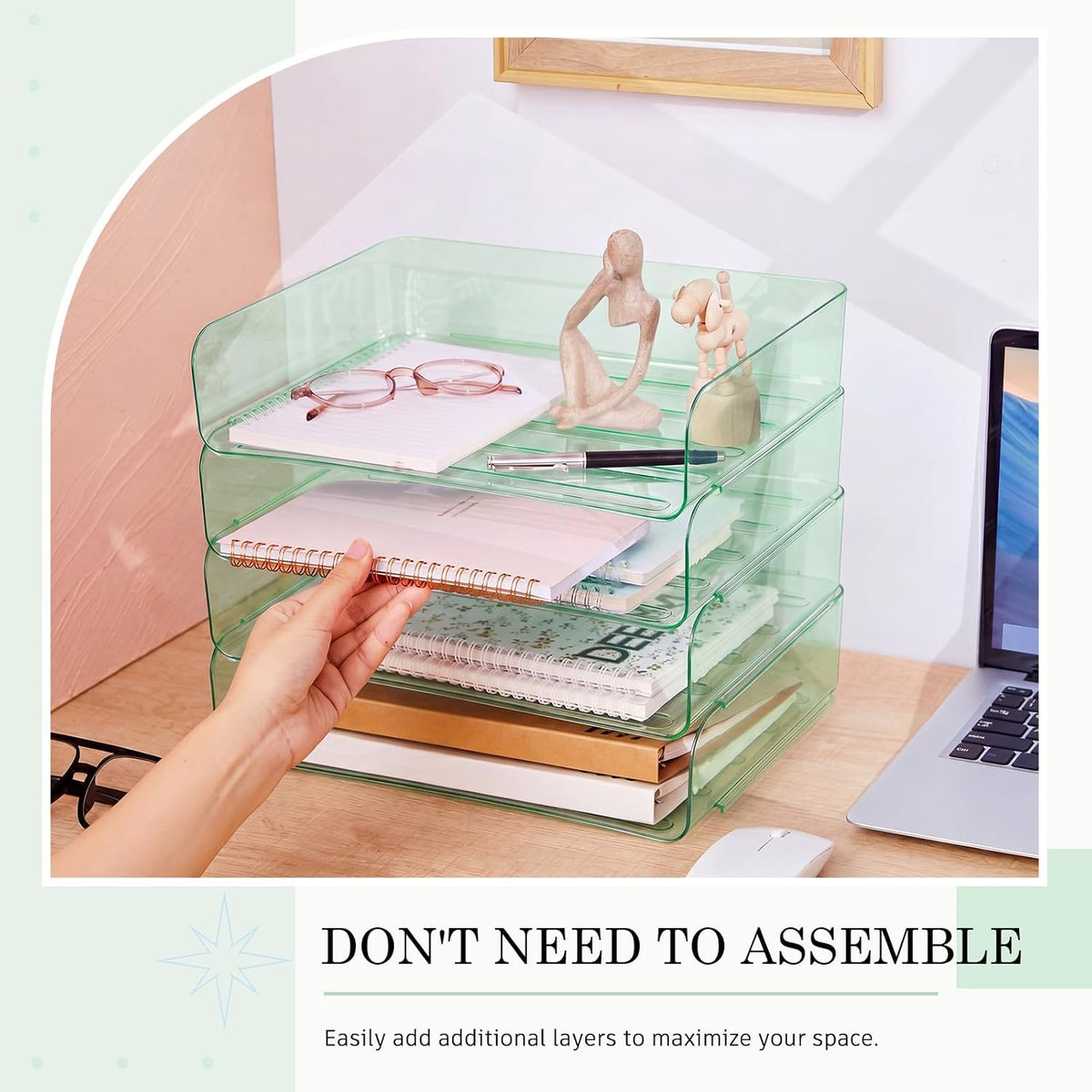 Harloon 4 Tier Clear Sage Green Acrylic Paper Organizer Letter Tray, Aesthetic Stackable Desk File Organizer Paper Holder Office Tray for A4, Modern Office Classroom Home File Pad Books Notes