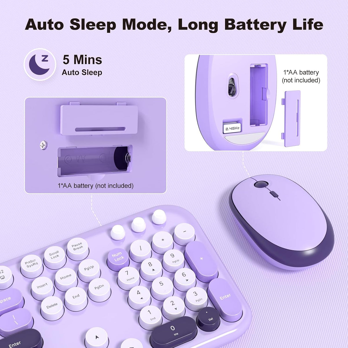 Wireless Keyboard and Mouse Combo, MOWUX Full Size Typewriter Retro Round Computer Keyboard, Cute Optical Mouse Wireless, Plug and Play, for Laptop, PC, Computer- Violet Field
