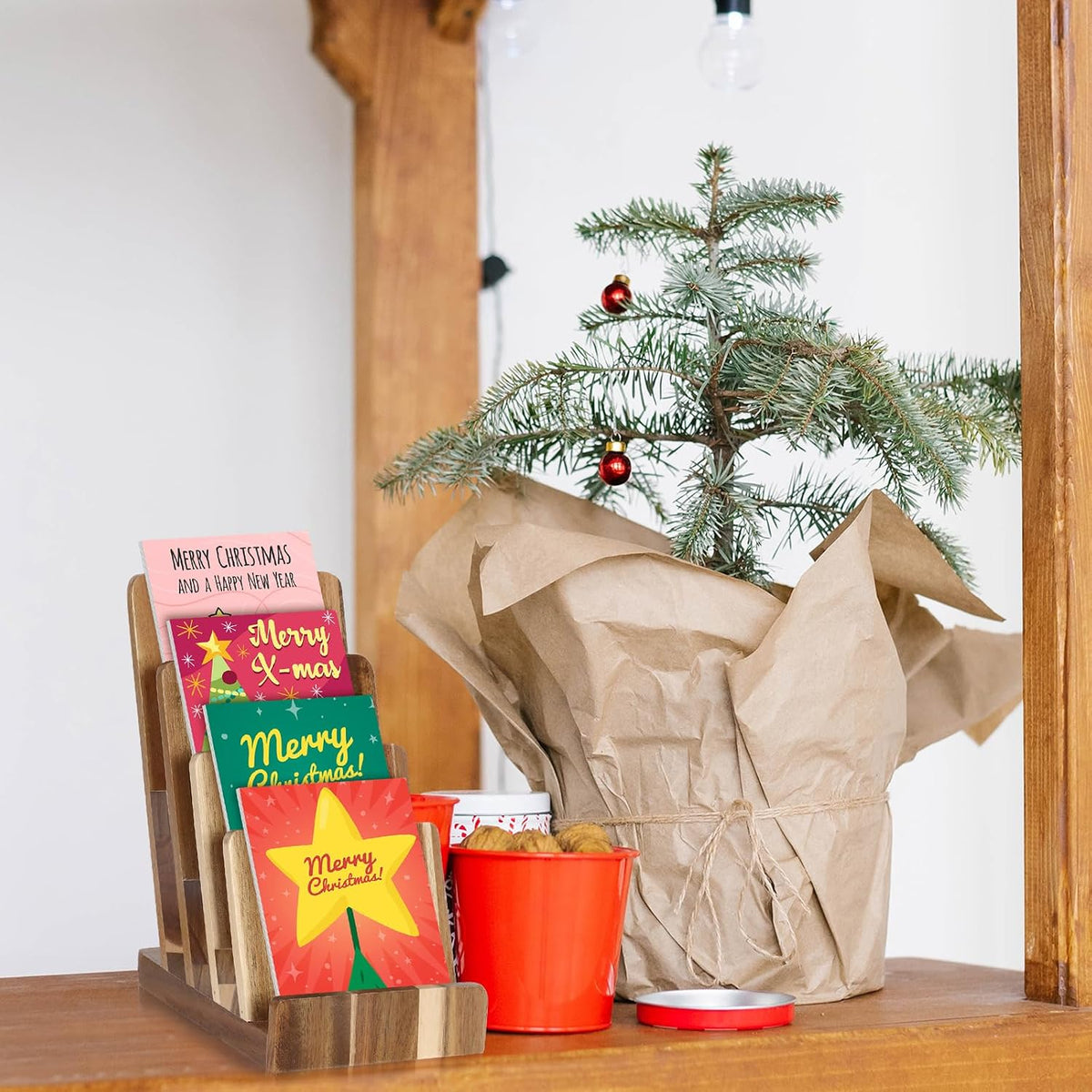 2 Pack 4 Tier Acacia Wood Brochure Holder Stand 6 x 9 inchLiterature Holder Flyer holder for 5.5 x 8.5 inch 5 x 7 inch Booklets Pamphlets Menus Magazines Multi Purpose Organizer