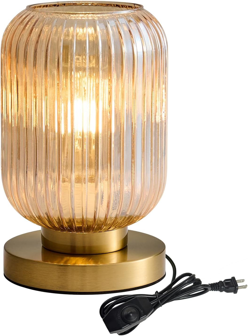 Amber Glass Table Lamp,Vintage Gold Base Ribbed Bedside Lamp